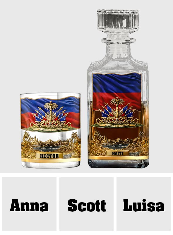 Haiti Coat Of Arms - Personalized Expats Whiskey Decanter Set
