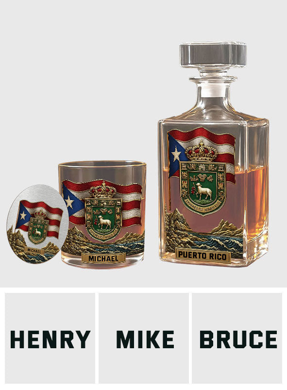 Puerto Rico Coat Of Arms, Joannes Est Nomen Ejus - Personalized Expats Whiskey Decanter Set