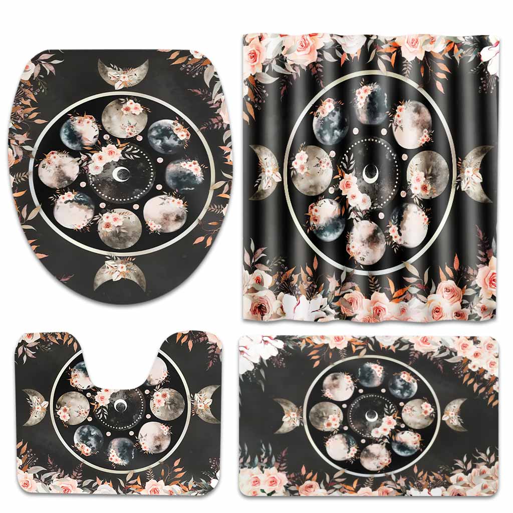 Floral Moon Triple Moon Goddess - Witch Bathroom Curtain & Mats Set