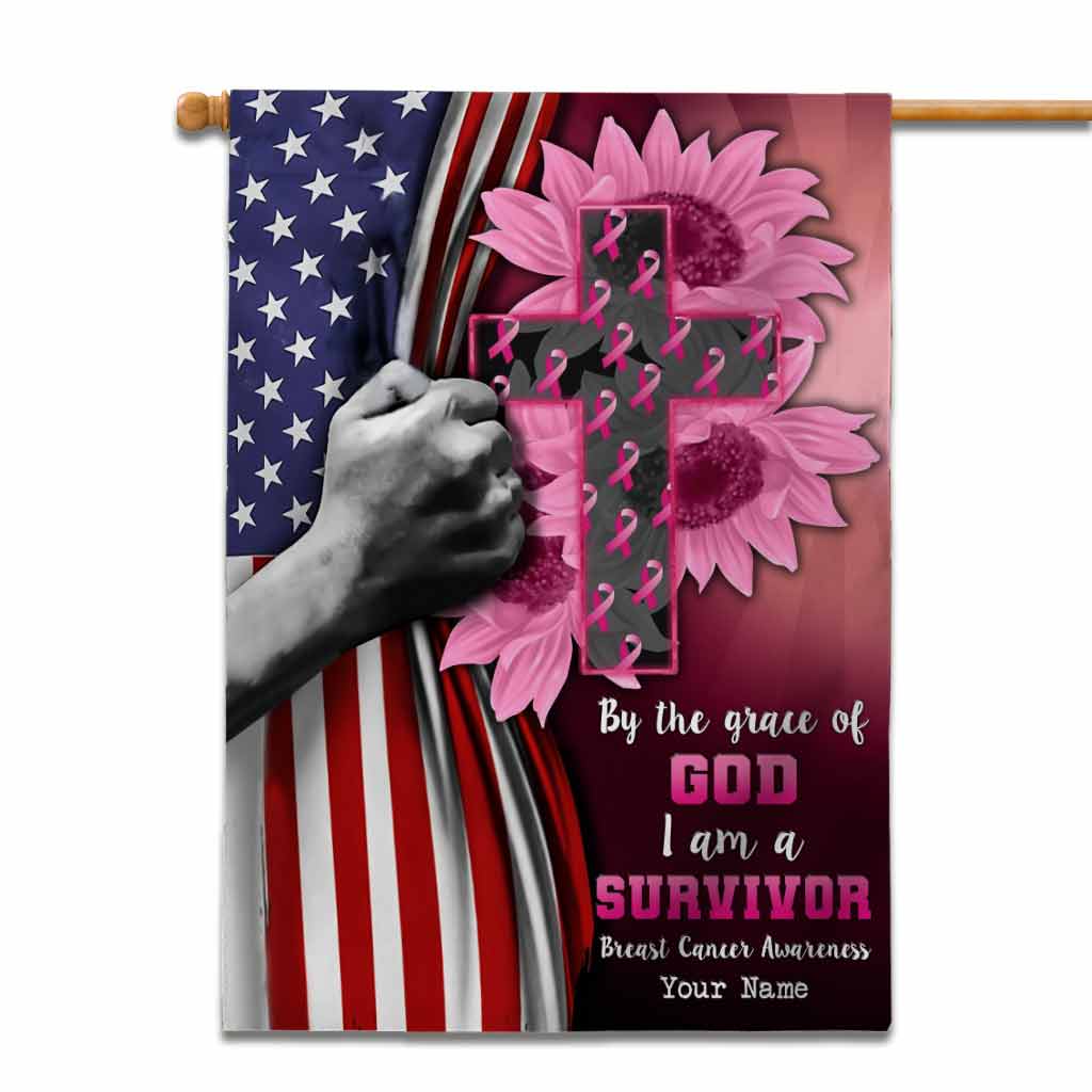 By The Grace Of God I'm A Survivor - Personalized Breast Cancer Awareness House Flag