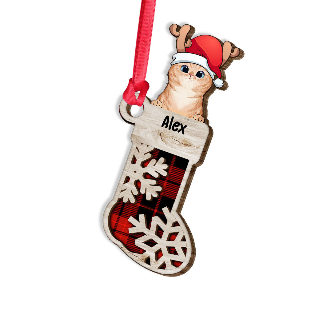 Lovely Cat Sock - Personalized Christmas Cat Layered Wood Ornament