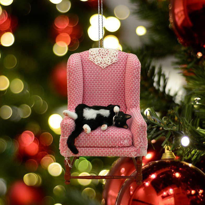 Black Cat On Pink Chair - Cat Ornament (Printed On Both Sides) 1122