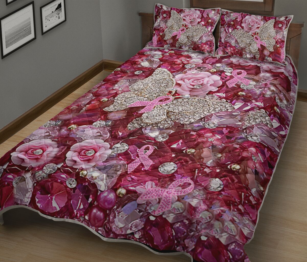 Pink Warrior Pattern Print Breast Cancer Awareness Quilt Set 0622