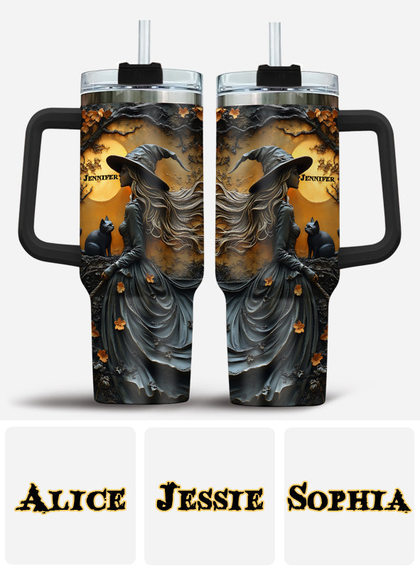 Beautiful Witch & Her Black Cat - Personalized Witch Tumbler With Handle
