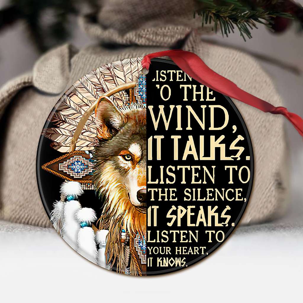Native American Wolf Listen To The Wind American Indian - Round Aluminium Ornament (Printed On Both Sides) 1122