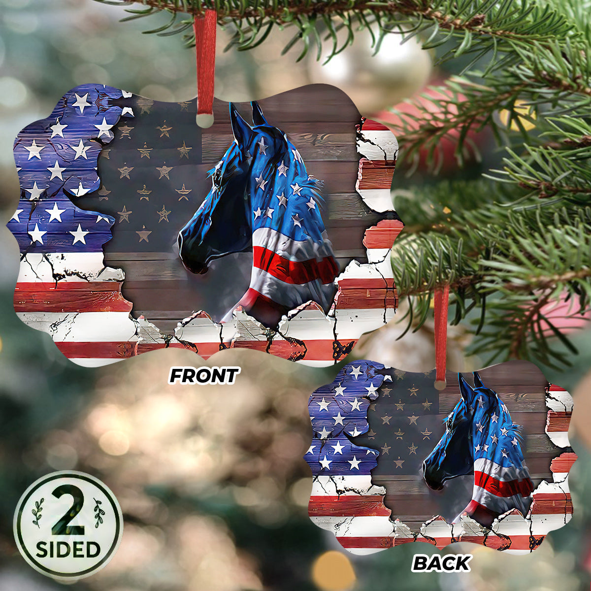 Horse American Flag - Horse Ornament (Printed On Both Sides) 1022