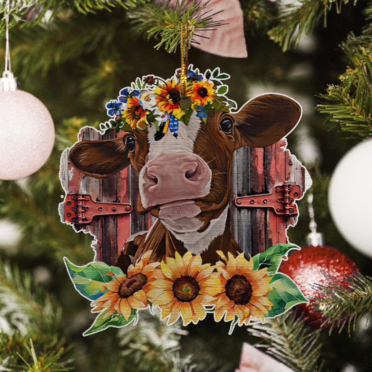 Cow Sunflower - Cow Ornament (Printed On Both Sides) 1022