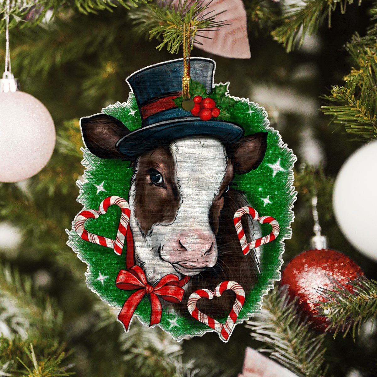 Cow Candies Heart - Cow Ornament (Printed On Both Sides) 1022