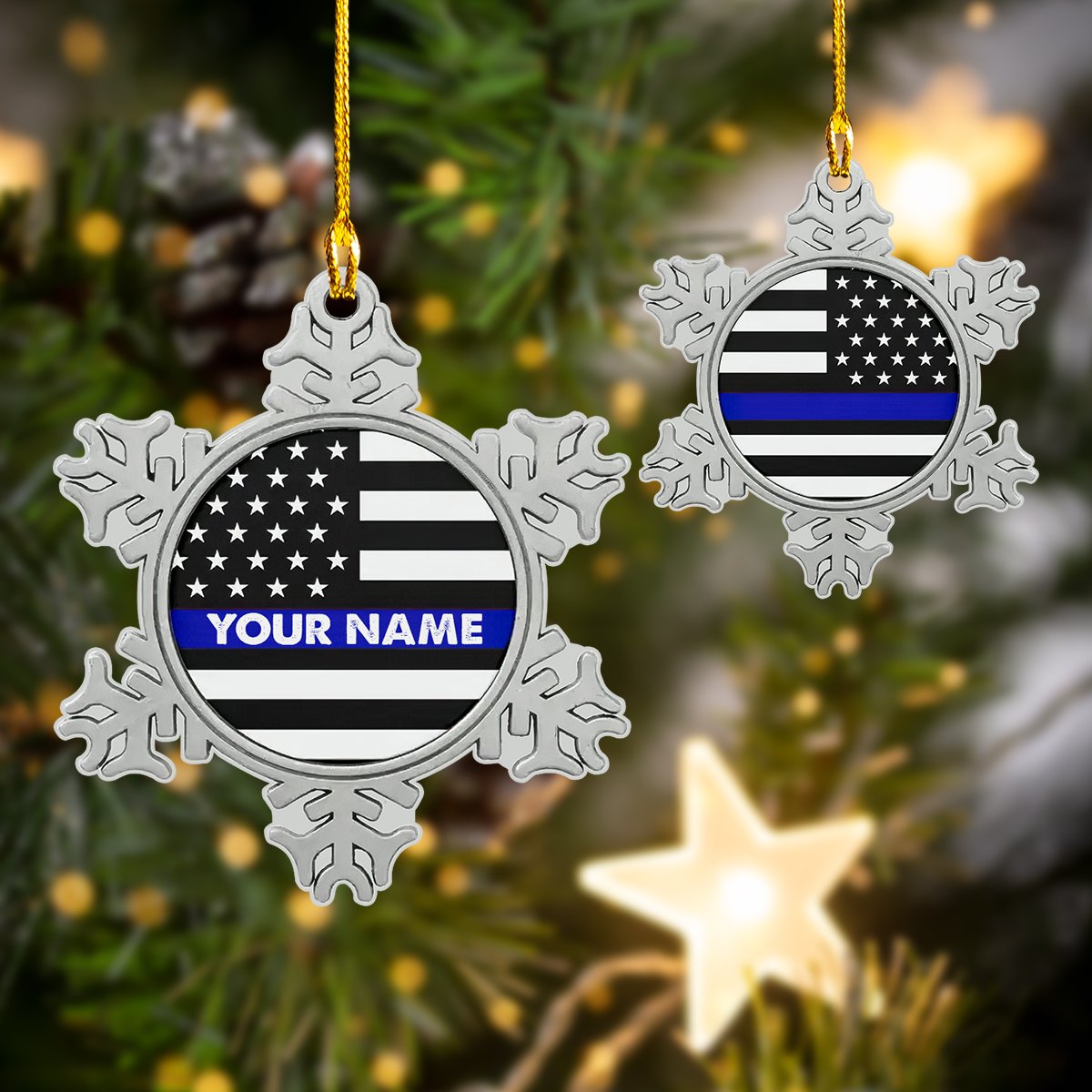 Blue Line Flag Snowflakes - Personalized Police Officer Ornament (Printed On Both Sides) 1022