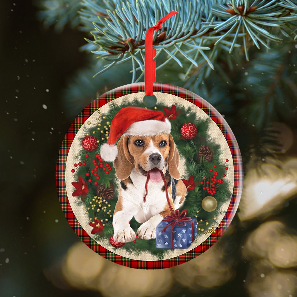 Beagle Red Christmas Wreath - Beagles Ornament (Printed On Both Sides) 1122
