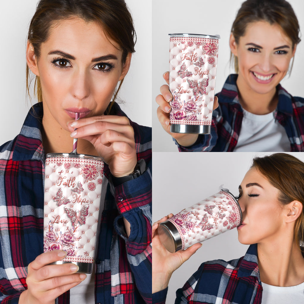 Faith Hope Love - Breast Cancer Awareness Tumbler With Rhinestone Pattern Print 0622