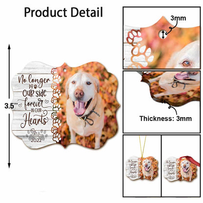No Longer By Our Side But Forever In Our Hearts - Personalized Christmas Dog Ornament (Printed On Both Sides)