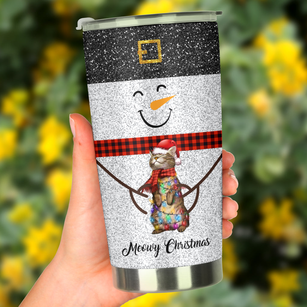 Meowy Christmas Faux Glitter Print Cat Tumbler 0622
