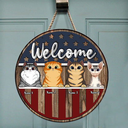 Welcome - Personalized Independence Day Cat Round Wood Sign