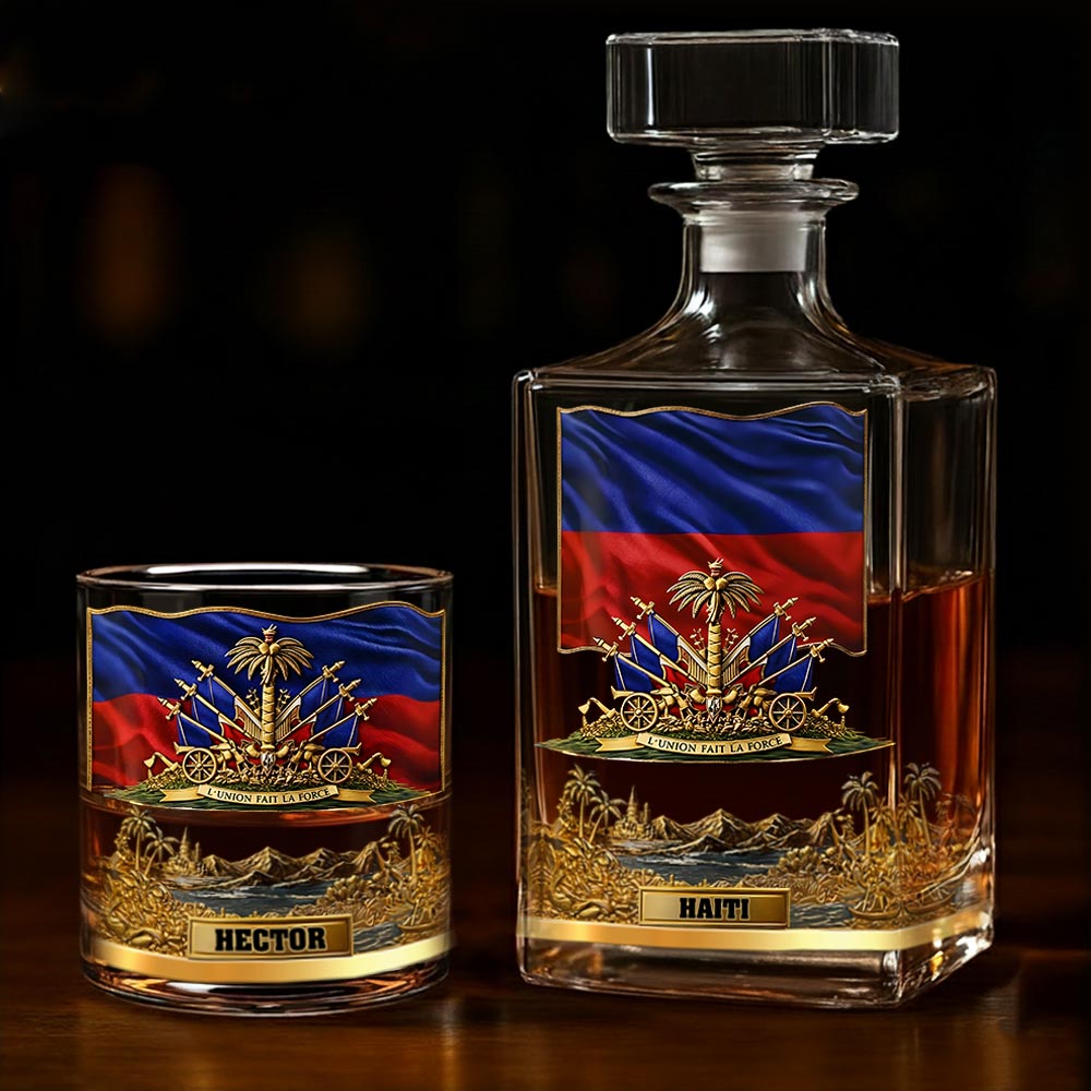 Haiti Coat Of Arms - Personalized Expats Whiskey Decanter Set