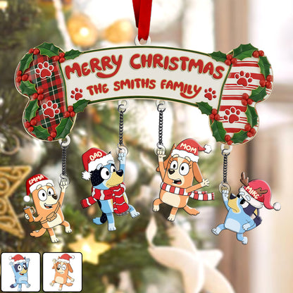 Blue Dog Family Christmas - Personalized Family Ornament With Charm