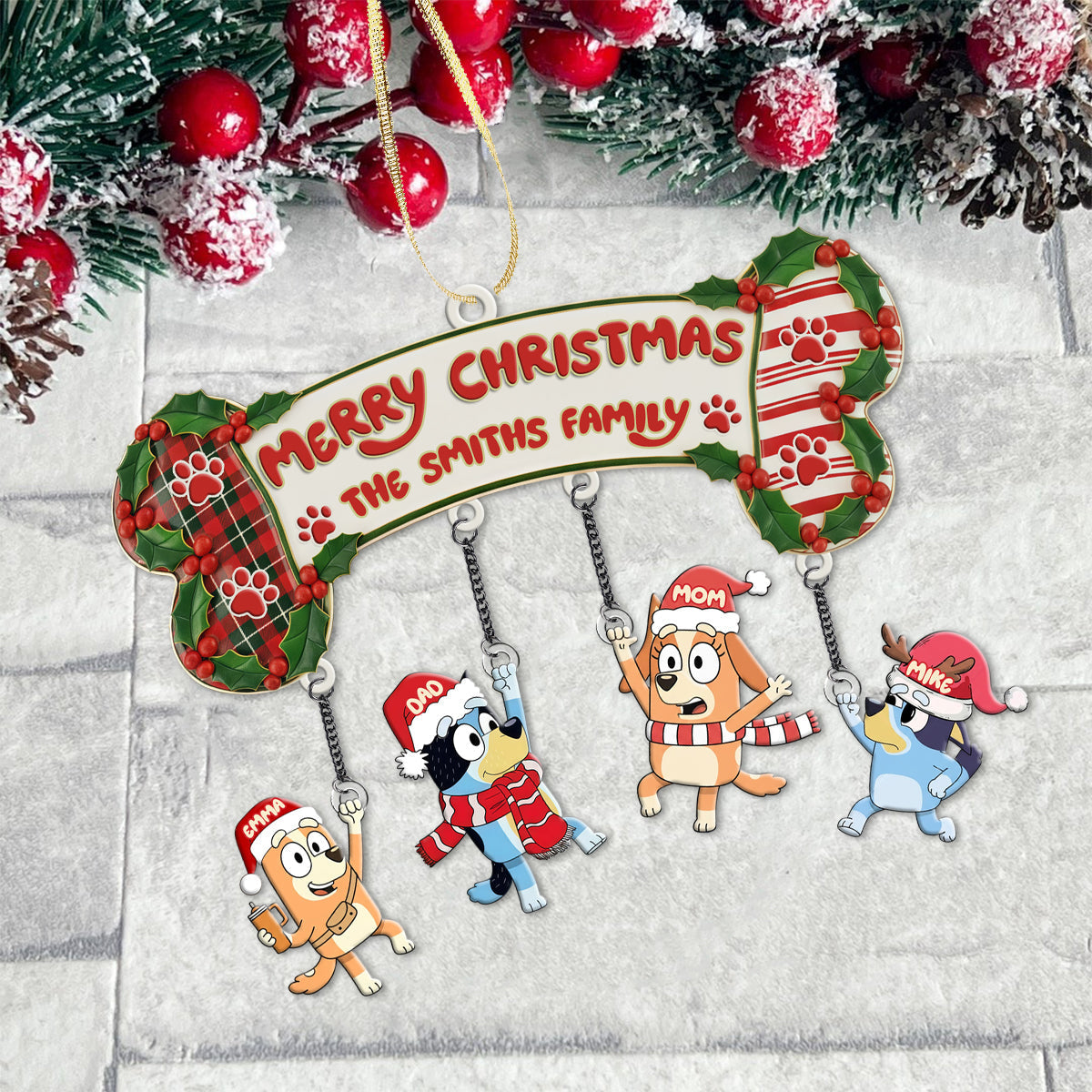 Blue Dog Family Christmas - Personalized Family Ornament With Charm