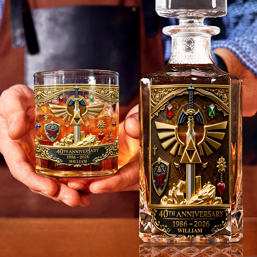 Golden Relic 40th Anniversary Whiskey Set - Personalized The Hero's Legend Whiskey Decanter Set