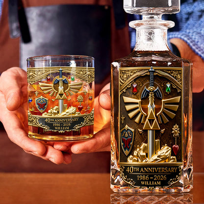 Golden Relic 40th Anniversary Whiskey Set - Personalized The Hero's Legend Whiskey Decanter Set