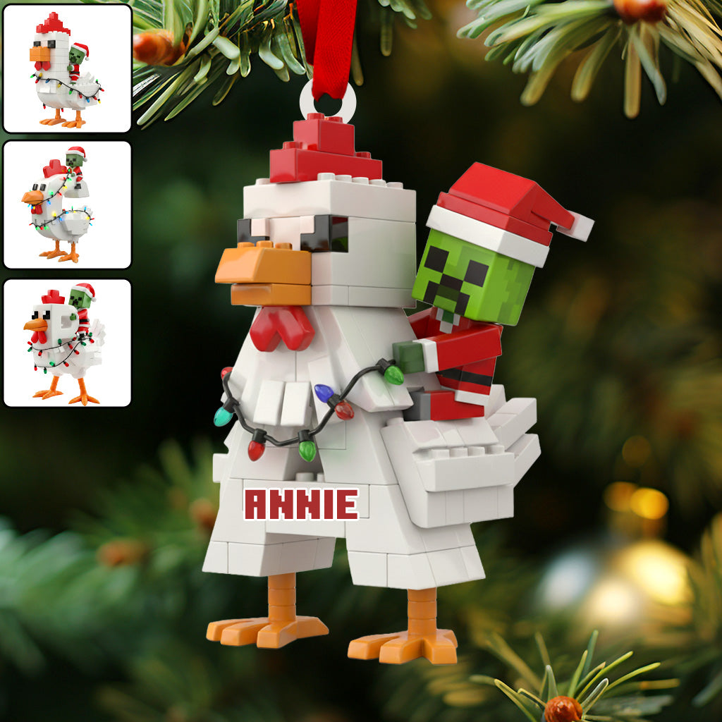 Festive Pixel Chicken Ride - Personalized Block World Ornament