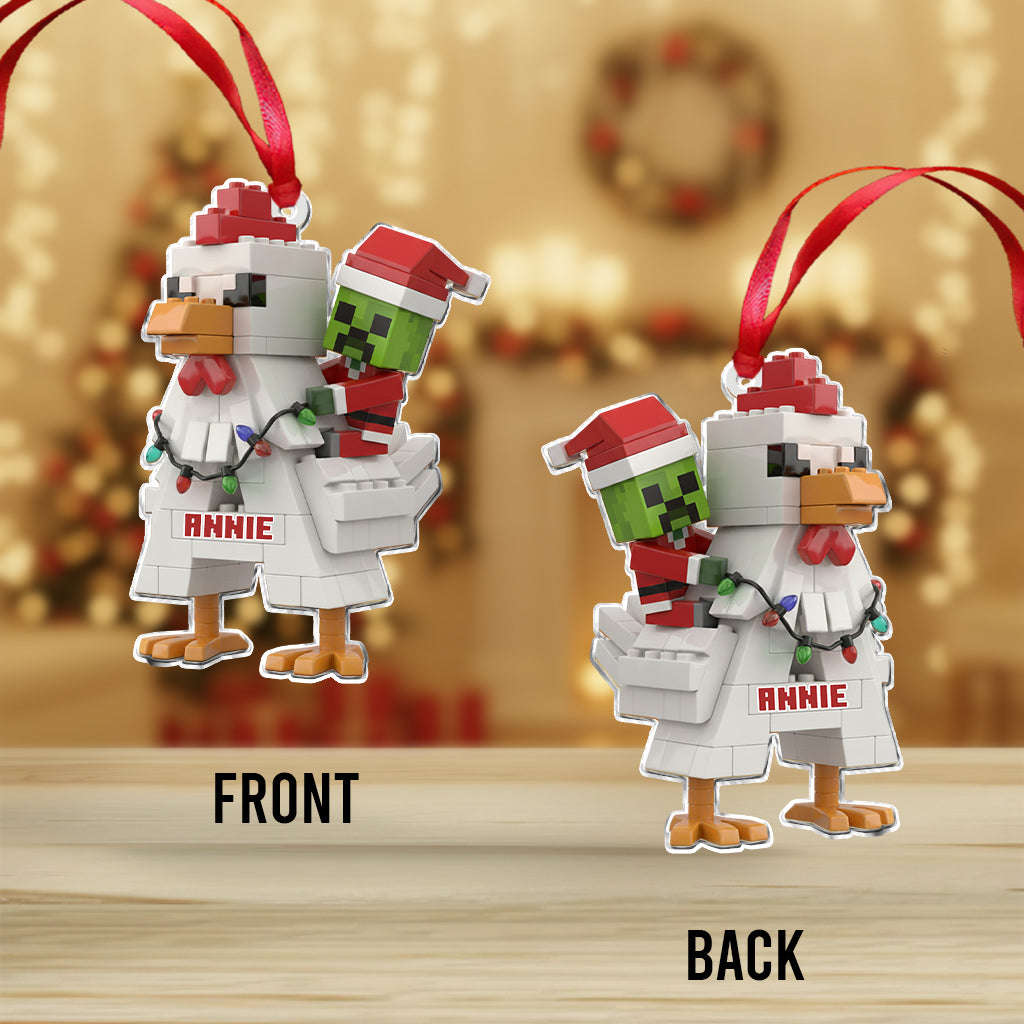 Festive Pixel Chicken Ride - Personalized Block World Ornament