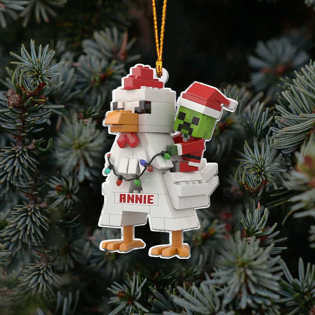 Festive Pixel Chicken Ride - Personalized Block World Ornament