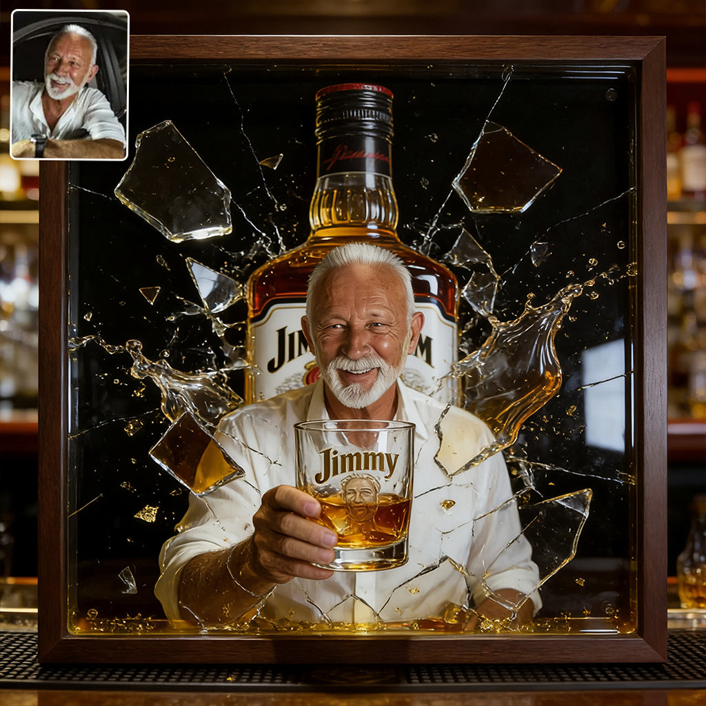 Shatter Whiskey Bottle Art - Personalized Whisky Wooden Frame LED Light