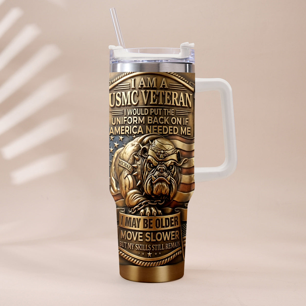 Semper Fidelis Bulldog - Personalized Veteran Tumbler With Handle