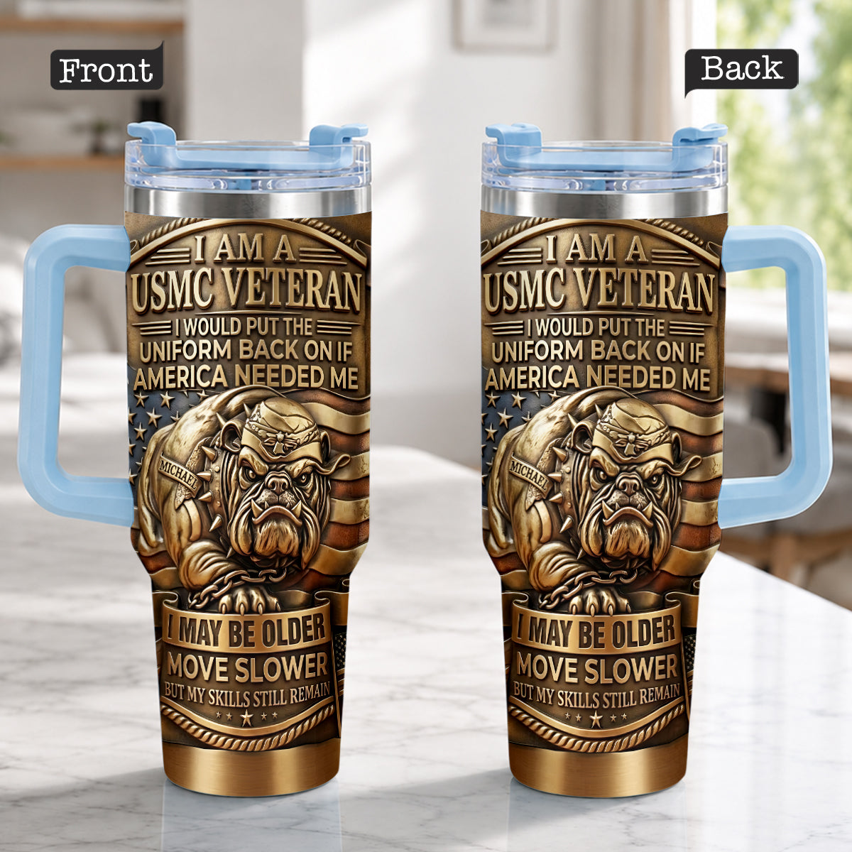Semper Fidelis Bulldog - Personalized Veteran Tumbler With Handle