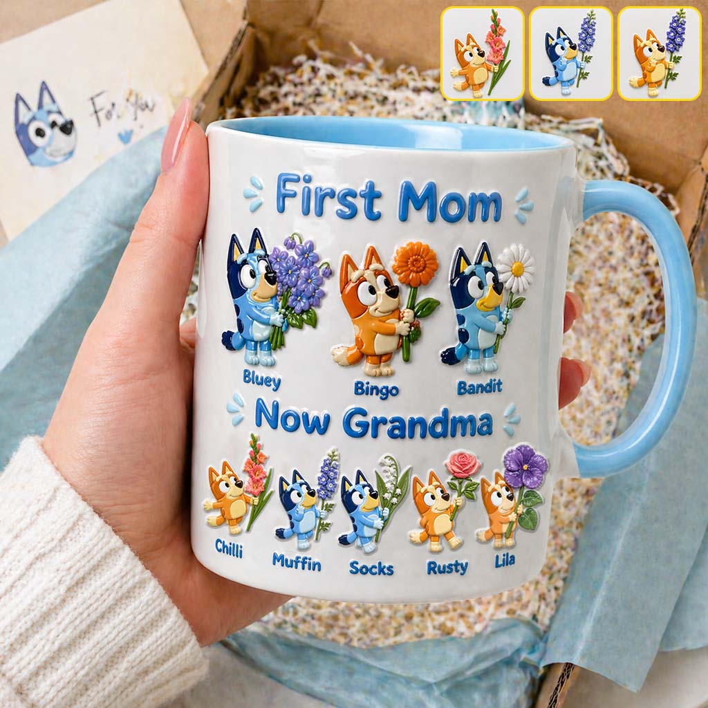 First Mom, Now Grandma - Personalized Blue Dog Accent Mug