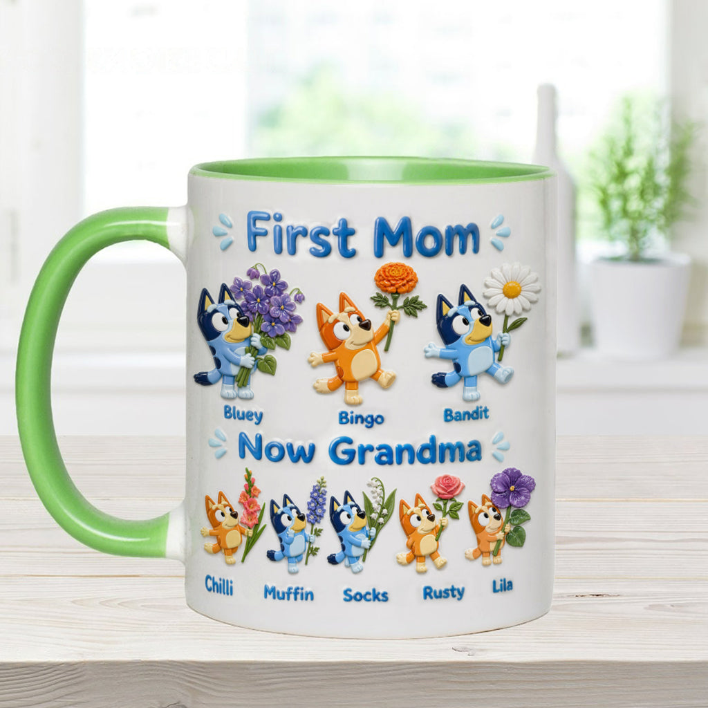 First Mom, Now Grandma - Personalized Blue Dog Accent Mug