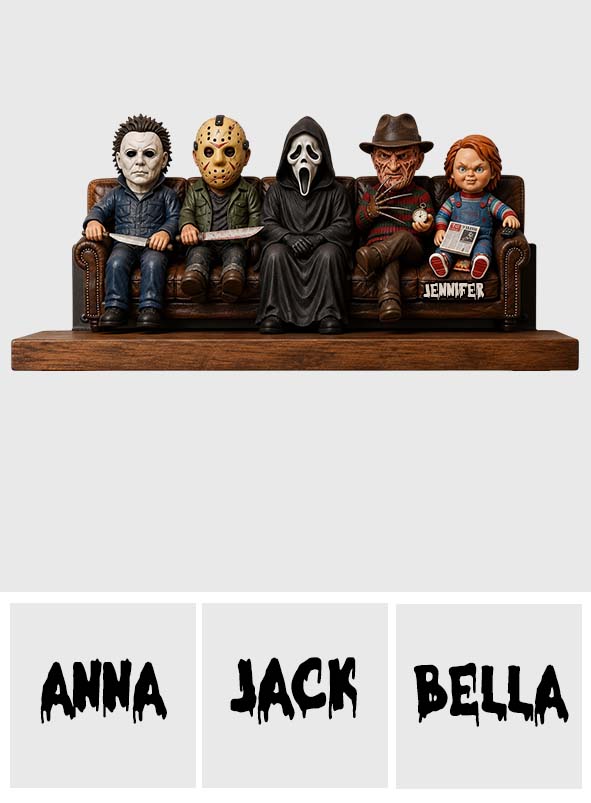 In This House We Love Horror Movies - Personalized Horror Character Wooden Floating Shelf