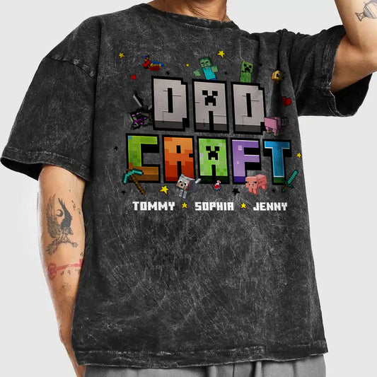 Father's Day Gift For Gamer Dadcraft - Personalized Block World Wash T-Shirt