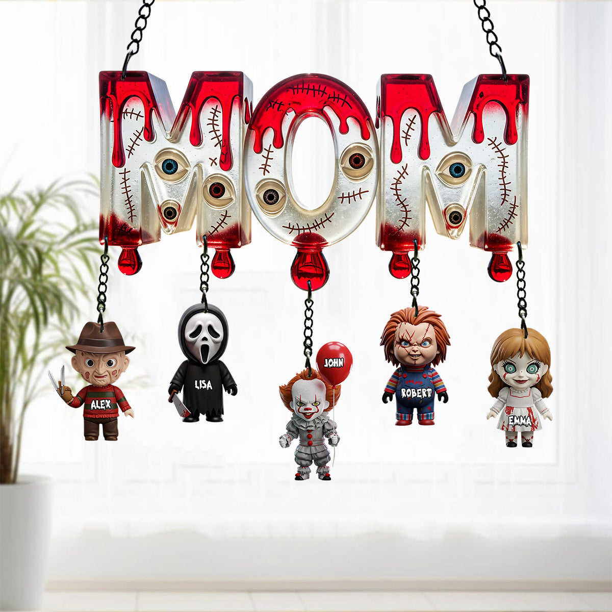 Mom Of Little Horrors - Personalized Horror Character Window Hanging Suncatcher With Custom Charms