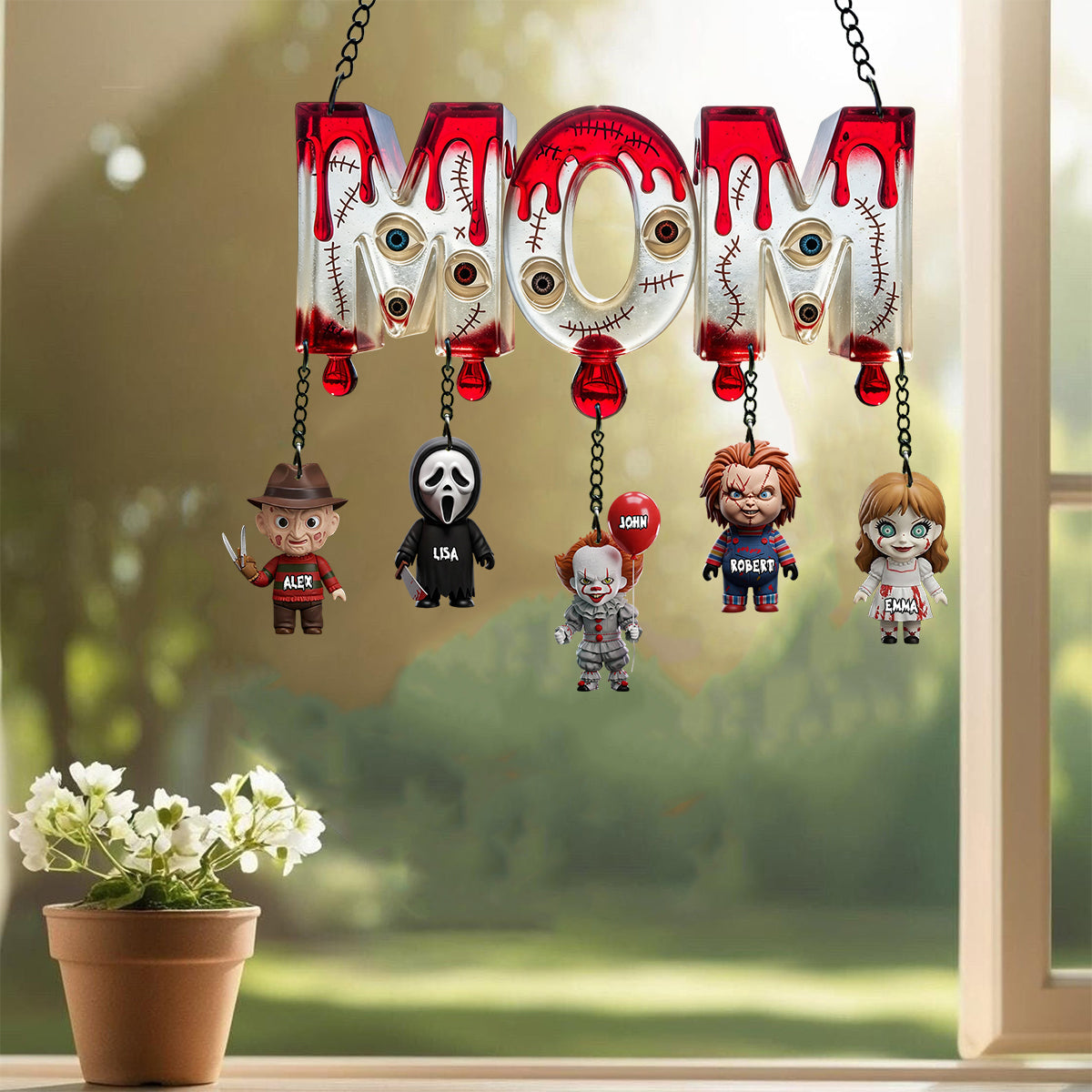 Mom Of Little Horrors - Personalized Horror Character Window Hanging Suncatcher With Custom Charms