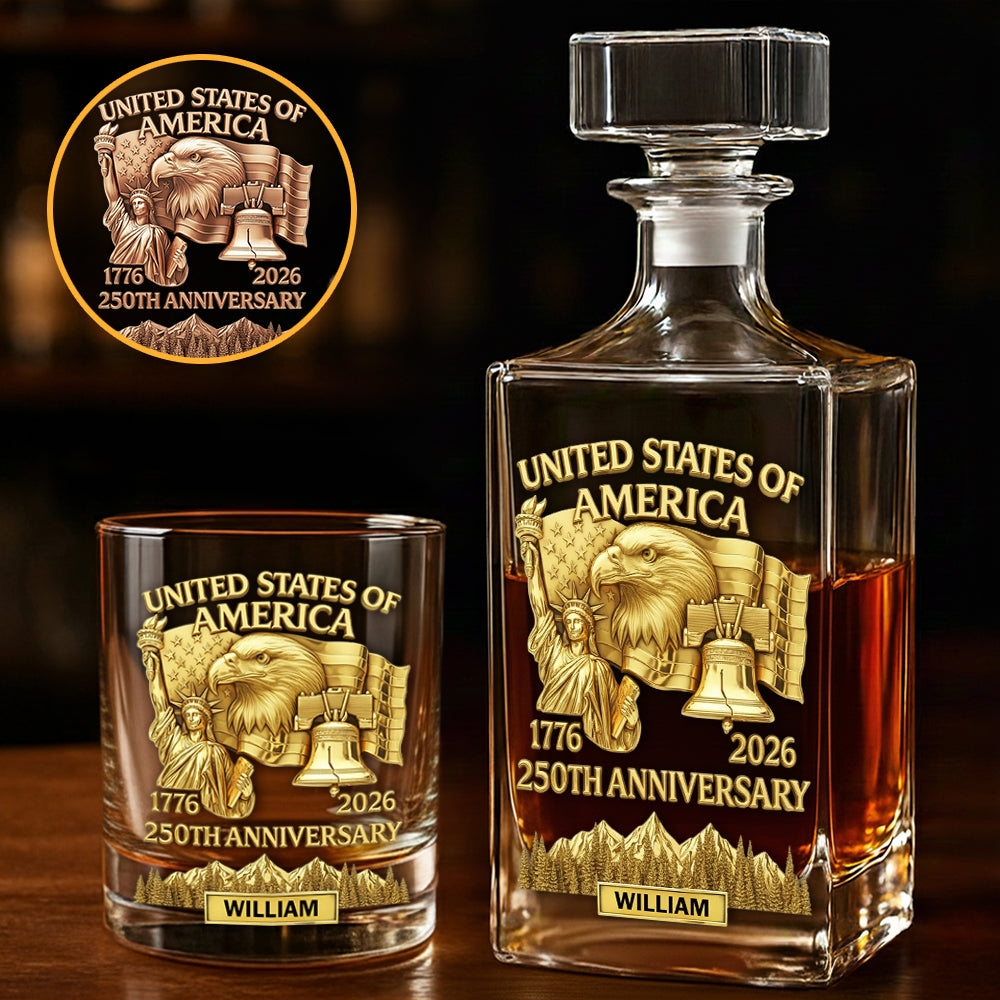 America 250th Anniversary, Patriot Eagle, Liberty - Personalized Patriot Whiskey Decanter Set