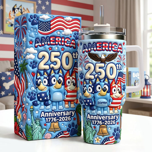 Cute Blue Cartoon USA 250th Anniversary - Personalized Blue Dog Tumbler With Handle