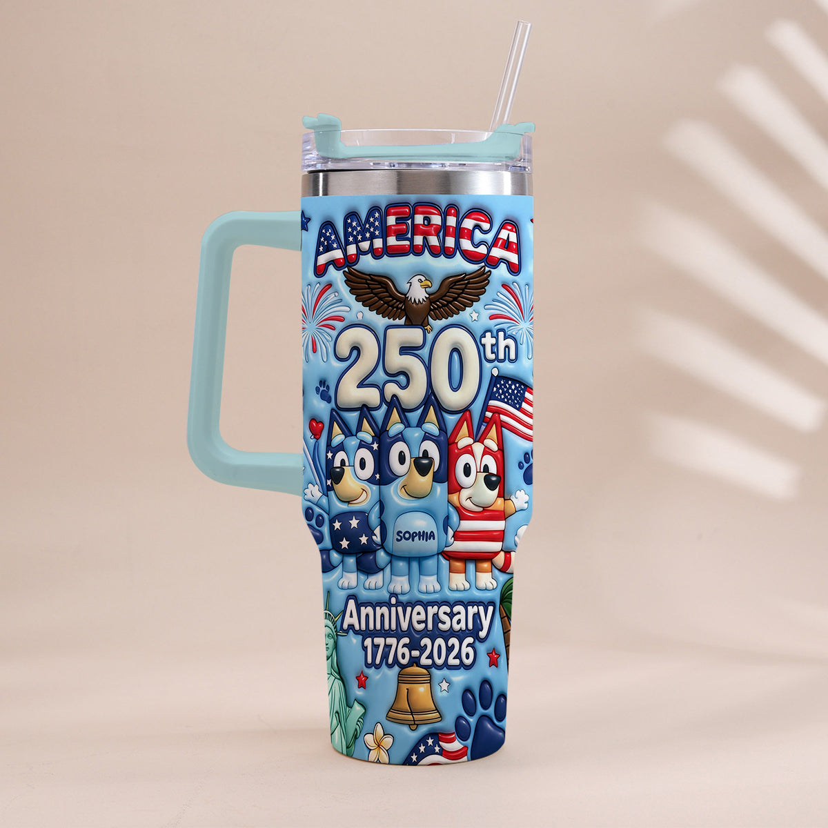 Cute Blue Cartoon USA 250th Anniversary - Personalized Blue Dog Tumbler With Handle