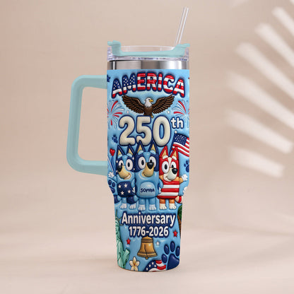 Cute Blue Cartoon USA 250th Anniversary - Personalized Blue Dog Tumbler With Handle