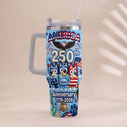 Cute Blue Cartoon USA 250th Anniversary - Personalized Blue Dog Tumbler With Handle