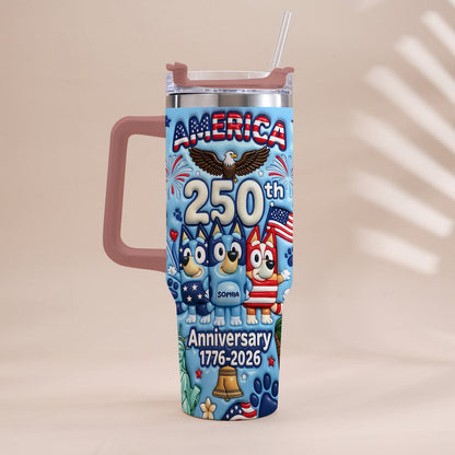 Cute Blue Cartoon USA 250th Anniversary - Personalized Blue Dog Tumbler With Handle