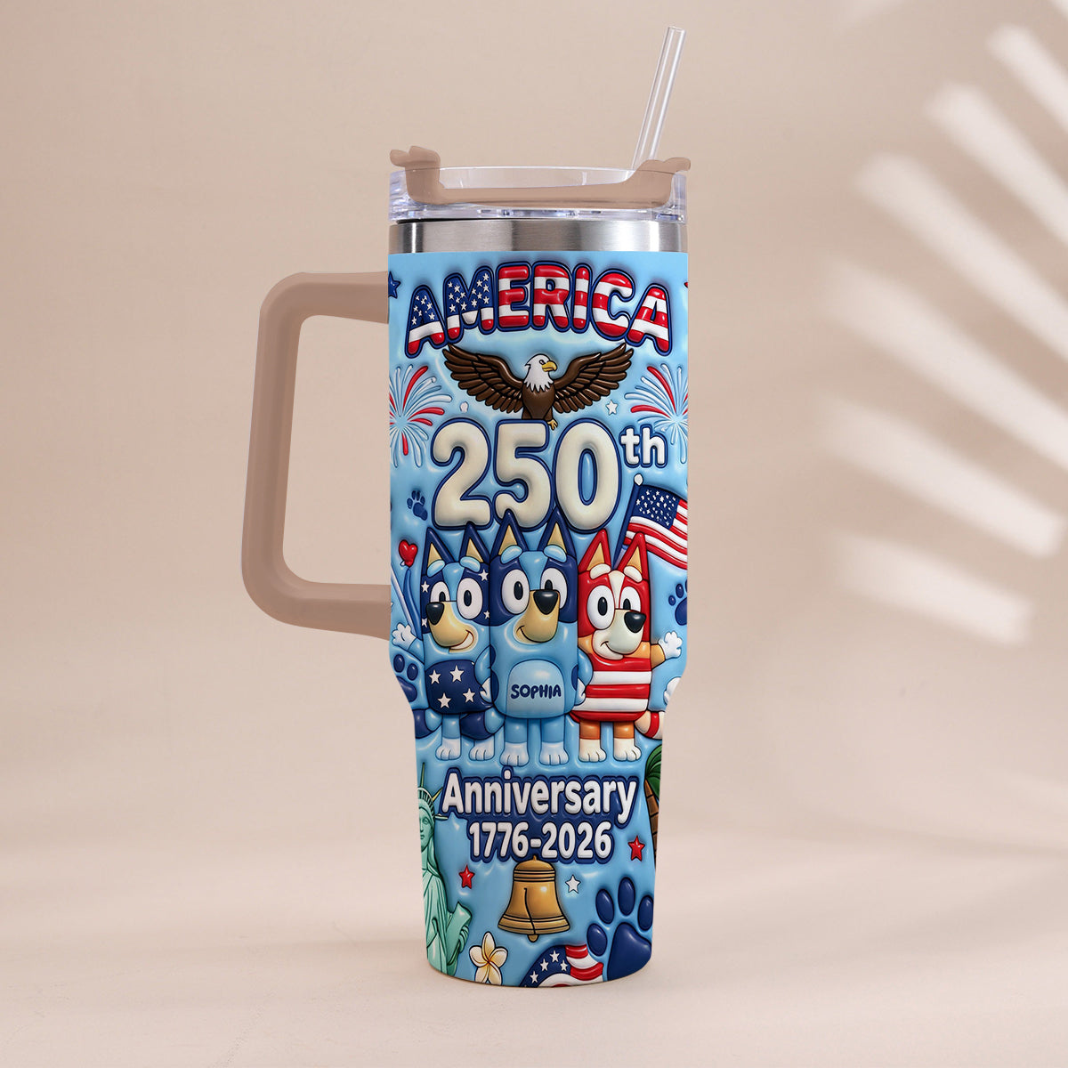 Cute Blue Cartoon USA 250th Anniversary - Personalized Blue Dog Tumbler With Handle