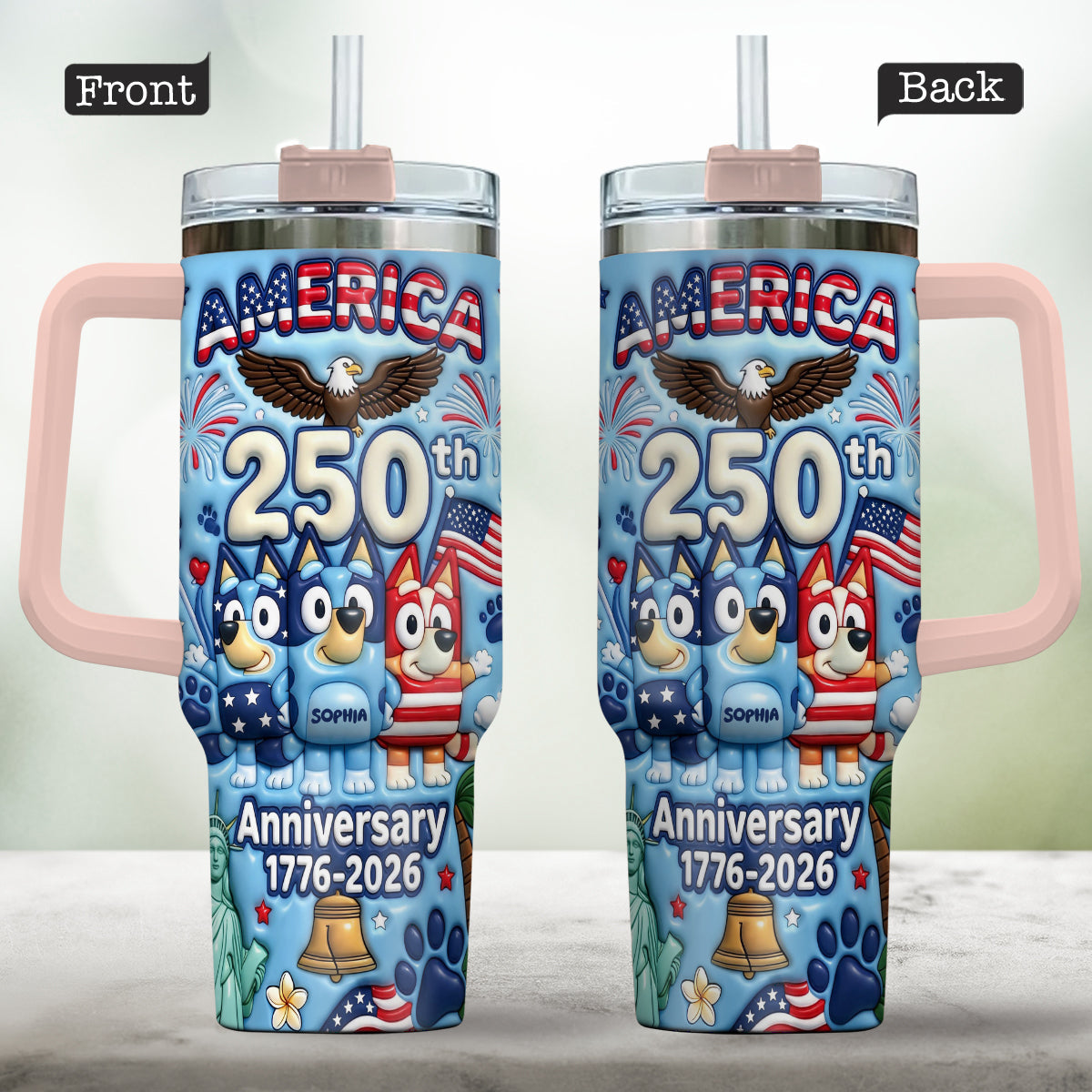Cute Blue Cartoon USA 250th Anniversary - Personalized Blue Dog Tumbler With Handle