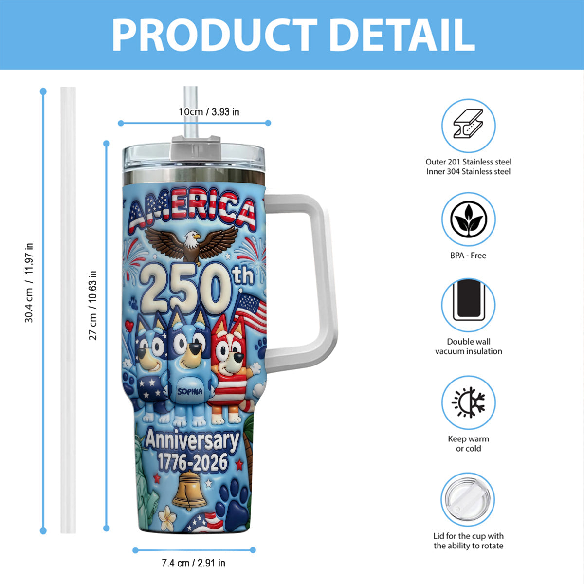 Cute Blue Cartoon USA 250th Anniversary - Personalized Blue Dog Tumbler With Handle