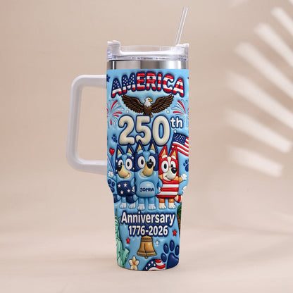 Cute Blue Cartoon USA 250th Anniversary - Personalized Blue Dog Tumbler With Handle