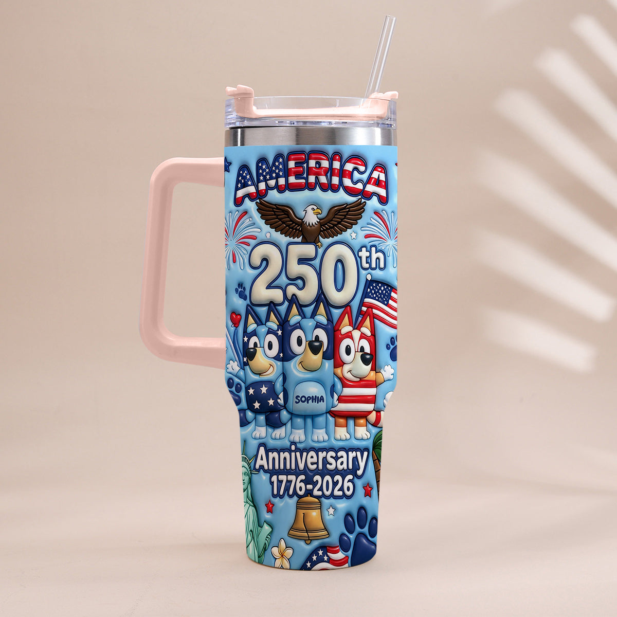 Cute Blue Cartoon USA 250th Anniversary - Personalized Blue Dog Tumbler With Handle