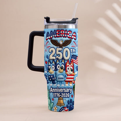 Cute Blue Cartoon USA 250th Anniversary - Personalized Blue Dog Tumbler With Handle