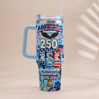 Cute Blue Cartoon USA 250th Anniversary - Personalized Blue Dog Tumbler With Handle