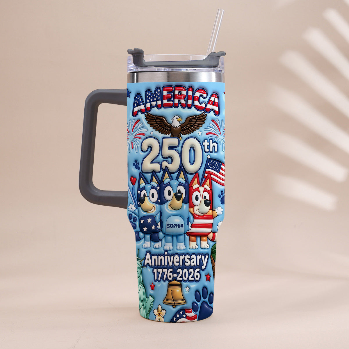 Cute Blue Cartoon USA 250th Anniversary - Personalized Blue Dog Tumbler With Handle
