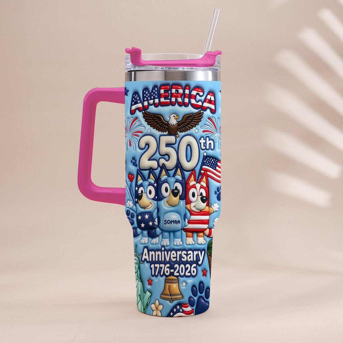 Cute Blue Cartoon USA 250th Anniversary - Personalized Blue Dog Tumbler With Handle